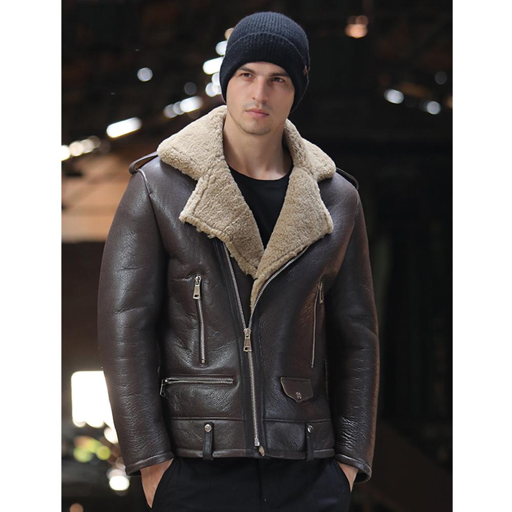2019 new mens brown b3 shearling jacket 짧은 가죽 자켓 남성 겨울 코트 양모 코트 모피 자켓